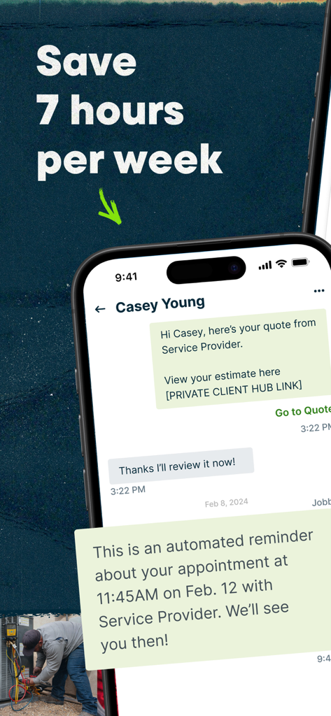Jobber mobile app interface showing automated client quotes and appointment reminders to save seven hours per week