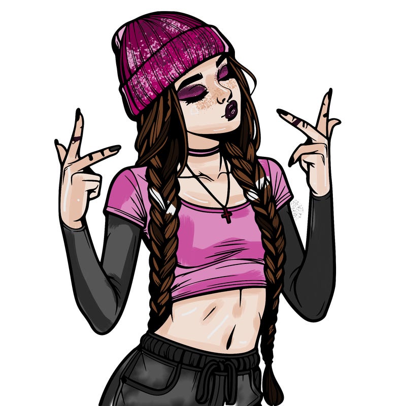 realistic teenage girl with braids and a beanie and crop top doing 🫶🏼