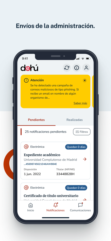 Screenshot of the Notifica App showing a list of pending official documents and notifications from the Spanish administration.