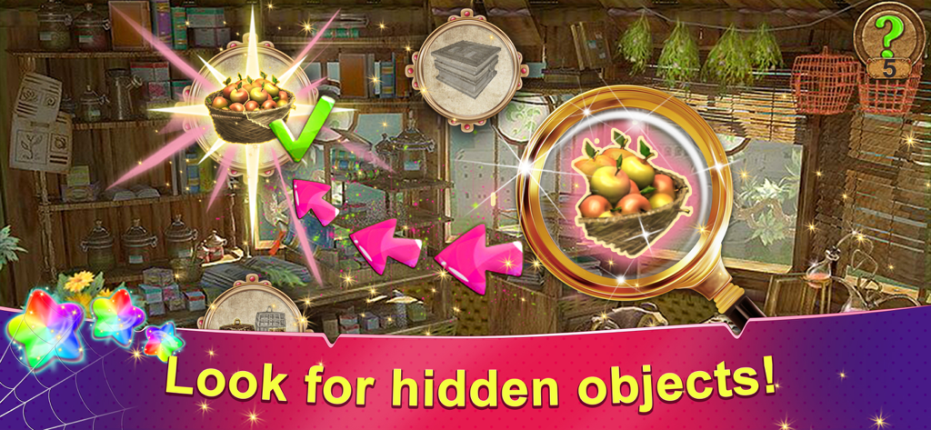 Rainbow Web 3 - Gameplay screen of Rainbow Web 3 showing a hidden object search with a magnifying glass over a basket of apples