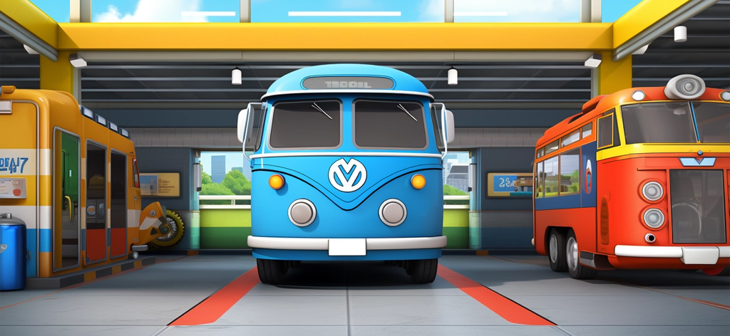City Bus Race: Driving Games - Three colorful cartoon buses parked in a modern bus depot.