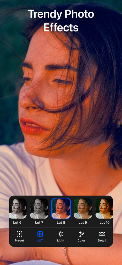 Interface de l'application AI Enlarger montrant des filtres LUT tendance et des effets photo sur un portrait.