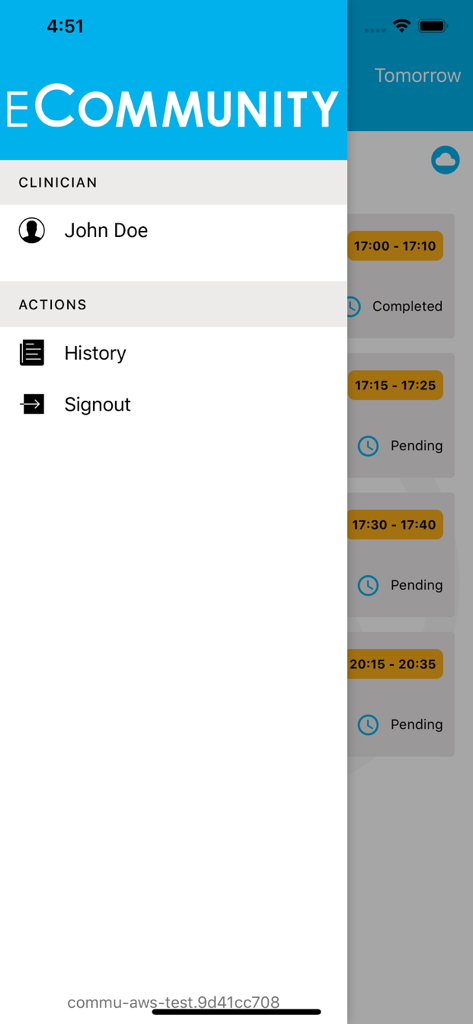 eCommunity - Navigation sidebar in the eCommunity app showing user profile and account actions for clinicians