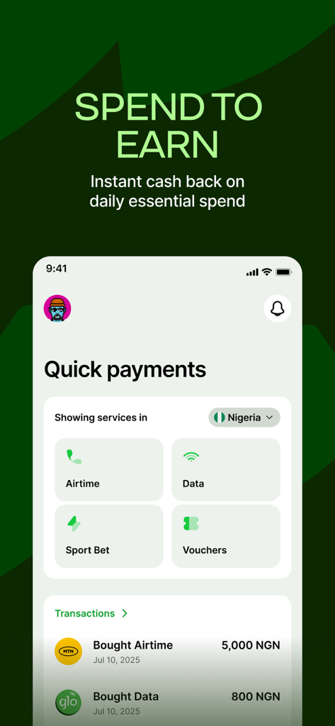 Busha: Trade BTC, ETH, SHIB - Interface de l'application Busha montrant des paiements rapides pour le crédit téléphonique et les données au Nigeria avec des récompenses de cashback instantanées.
