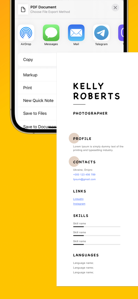 プロフェッショナルなPDF履歴書を共有または保存するオプションを示すモバイルアプリのインターフェース。