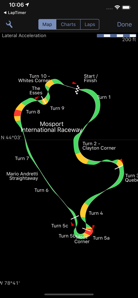 Mapa de la pista de Mosport International Raceway que muestra datos de aceleración lateral en Harrys LapTimer Grand Prix.