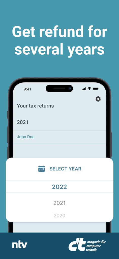 Tax Return Germany | Steuer Go - Pantalla del teléfono inteligente que muestra la interfaz de la aplicación SteuerGo para seleccionar años de declaración de impuestos para obtener un reembolso