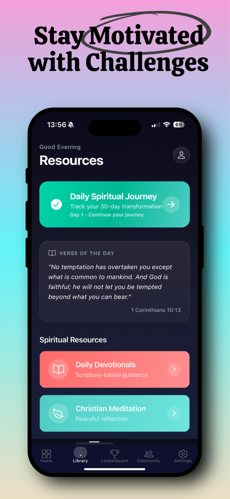 CLNSR: Quit Porn with Christ - Tela de recursos do aplicativo CLNSR com devocionais diários e meditação cristã.