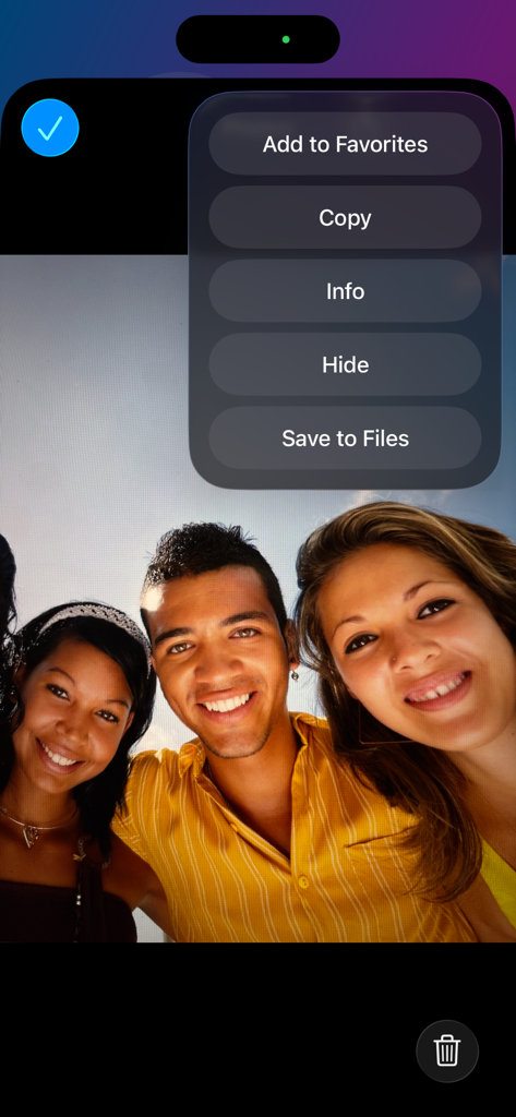 Self Timer - Foto de grupo exibida no aplicativo Temporizador com um menu sobreposto para opções de gerenciamento de fotos