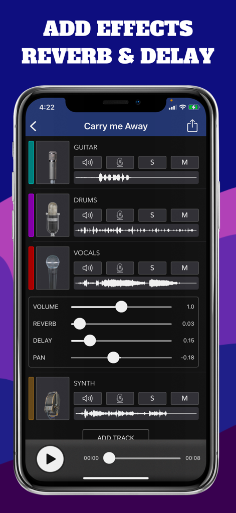Interface do aplicativo MicSwap MultiTrack Pro com controles de efeitos de reverb e delay para gravação multipista.