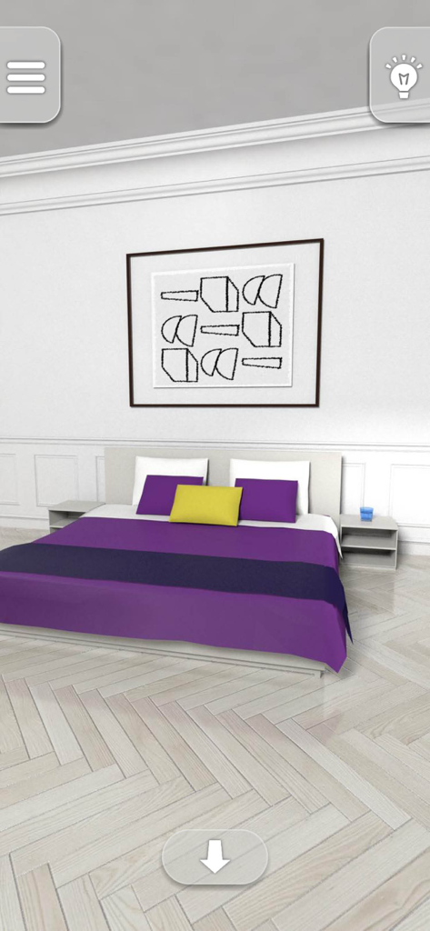 A minimalist Scandinavian bedroom with a purple bed and abstract wall art in the escape game.