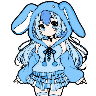 pretty anime girl wearing a fluffy hoodie with bunny ears on the hood and a skirt