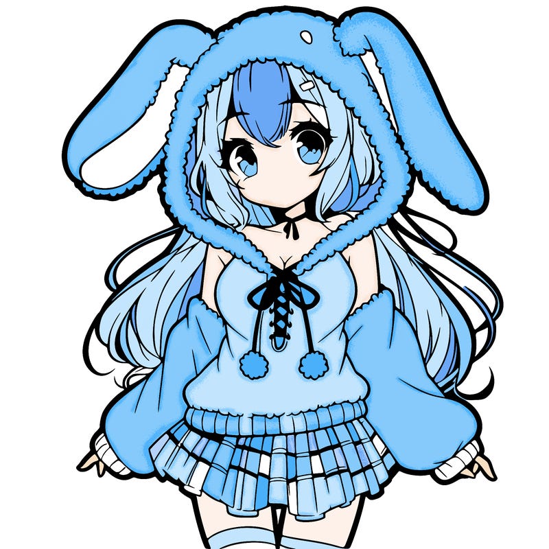 pretty anime girl wearing a fluffy hoodie with bunny ears on the hood and a skirt