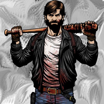 realistic negan smith from twd comics holding a bat over his shoulders