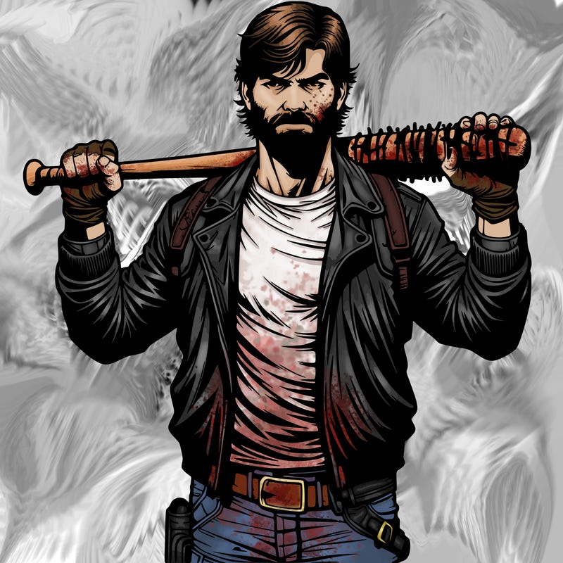 realistic negan smith from twd comics holding a bat over his shoulders