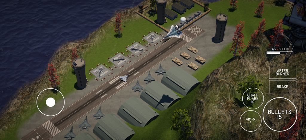 Vista aérea de una base aérea militar con cazas y tanques en una pista junto al océano