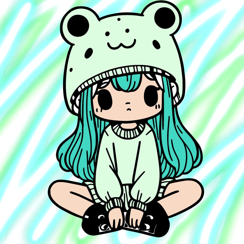 a girl wearing a frog hat and some frog socks
