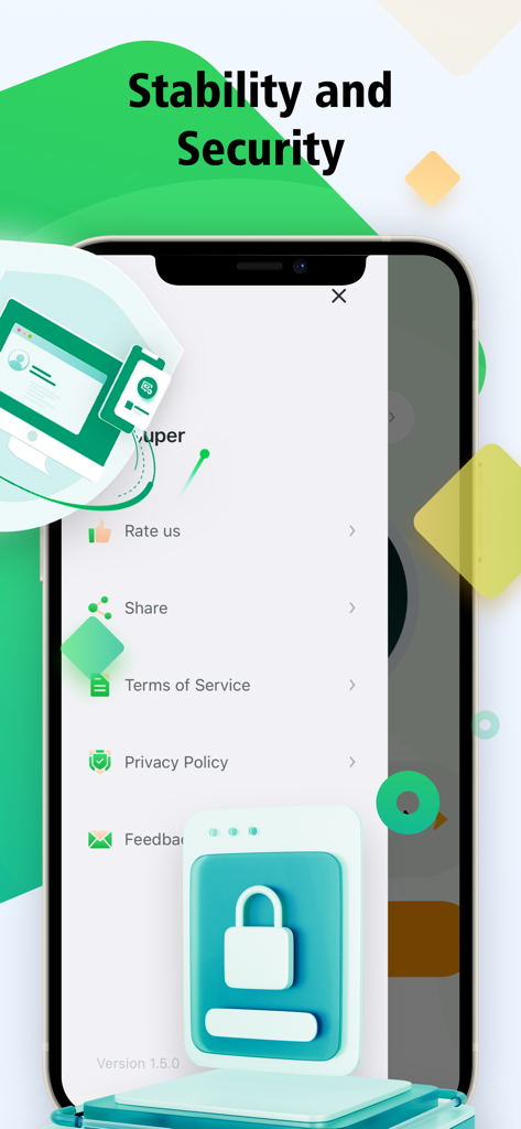 VPN - Super Fast & Secure VPN - Pantalla de la aplicación VPN móvil que muestra opciones de menú de estabilidad y seguridad con un icono de candado