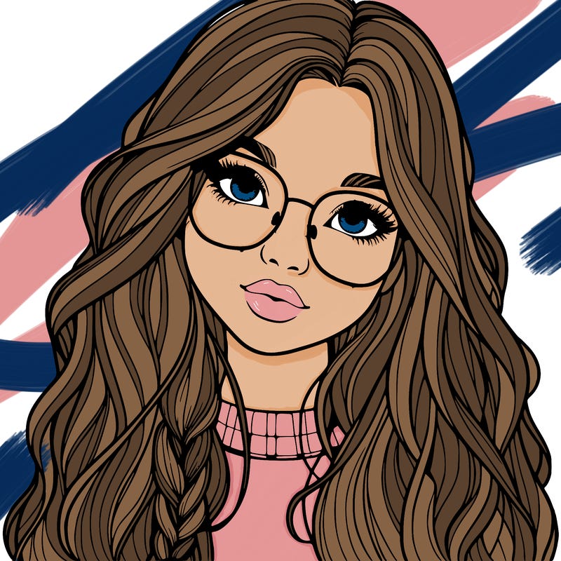 girl with long hair and freckles and glasses realistic