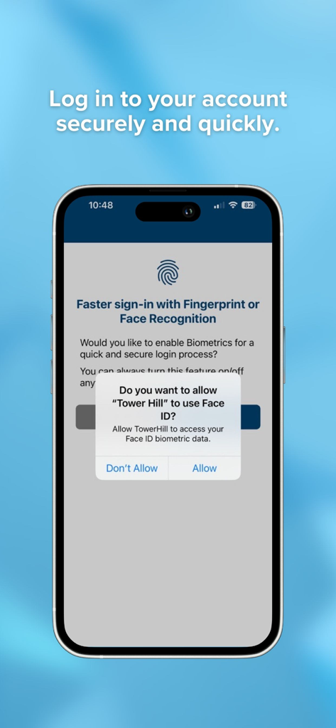 Aplicativo Tower Hill Mobile mostrando configuração de login Face ID para acesso seguro à conta