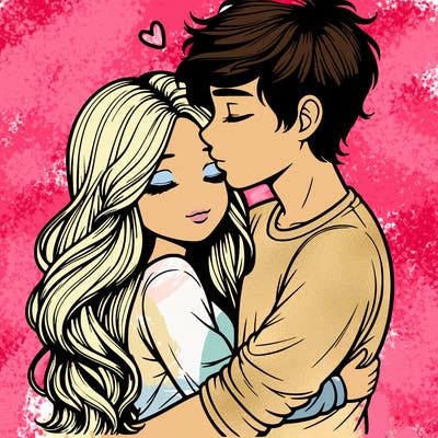 a realistic couple boy and girl hugging and kissing