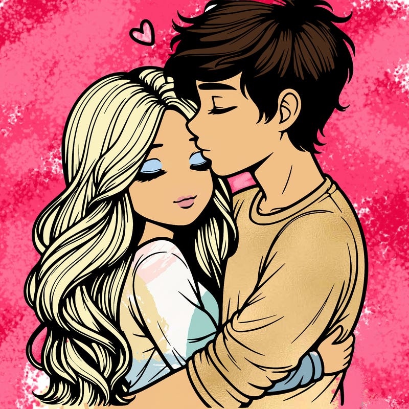 a realistic couple boy and girl hugging and kissing