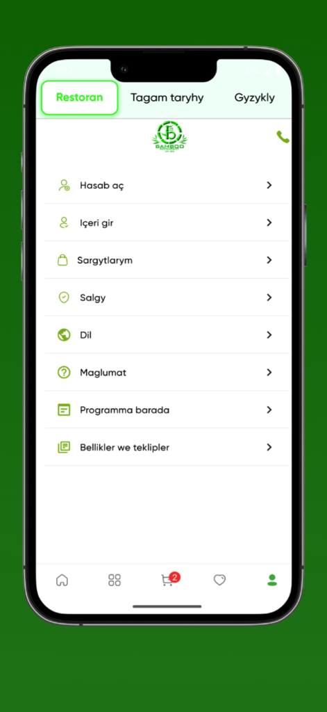 Bamboo Ho-Go Restaurant - Bamboo Ho-Go Restaurant app profile settings screen showing account and order options.