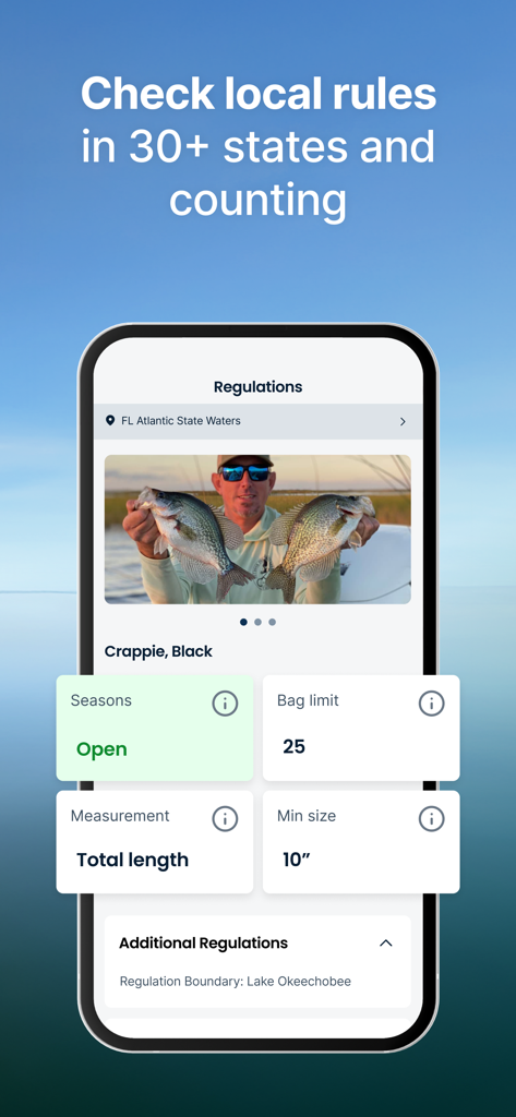 Fishbrain - Fishing App - Fishbrain app showing local fishing regulations for black crappie in Florida including season status and bag limits