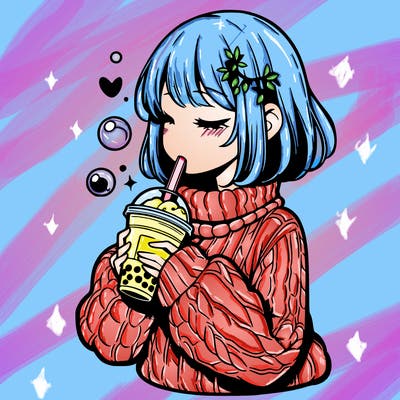 manga girl drinking boba in cozy sweater