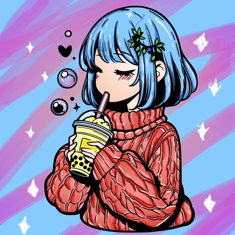 manga girl drinking boba in cozy sweater