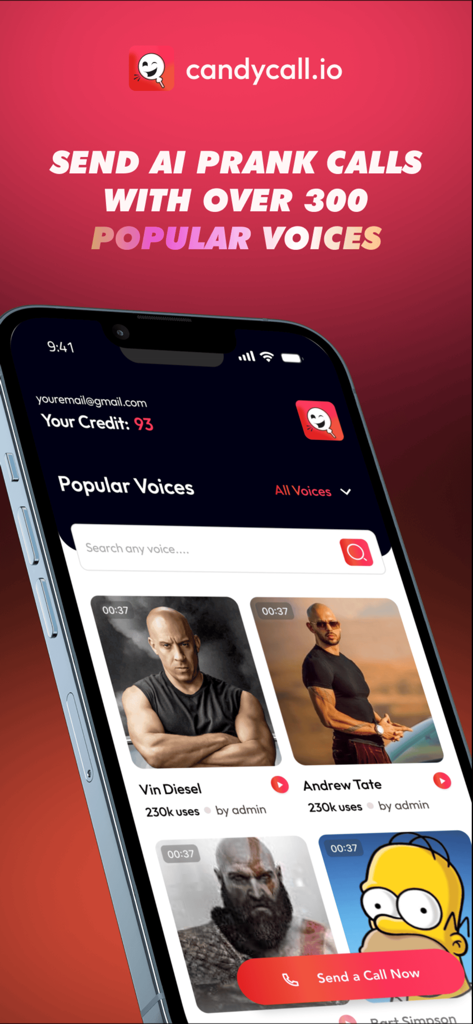 CandyCall - AI Prank Calls - Mobile app interface for CandyCall featuring various celebrity AI voices for prank calls