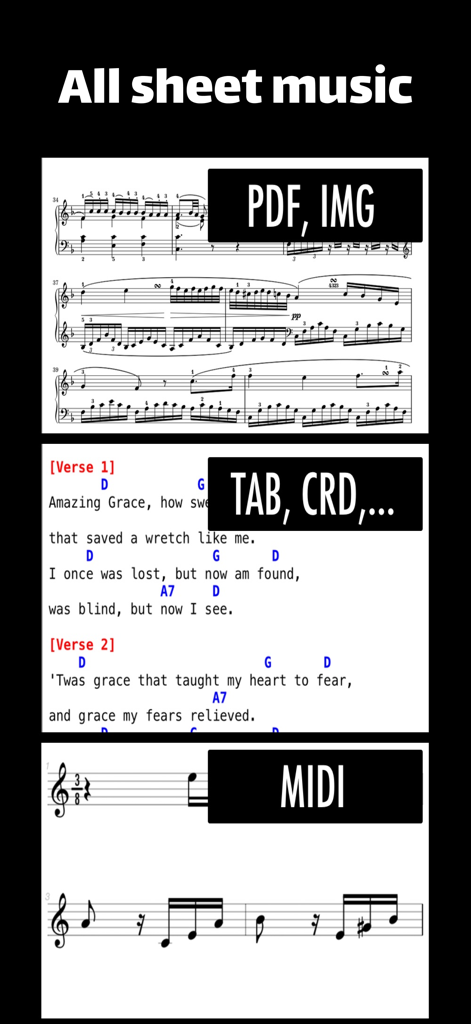 Oberfläche der Alle Noten App, die die Unterstützung für PDF-, Bild-, Chord Pro- und MIDI-Dateiformate zeigt.