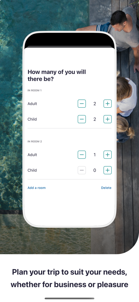 Screen from the ALL Accor app showing the interface for selecting the number of adults and children for multiple hotel rooms