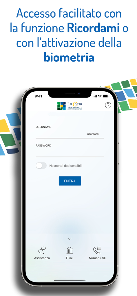 La Cassa di Ravenna S.p.A. - Login screen of the Happy Banking mobile app by La Cassa di Ravenna featuring username and password fields and biometric login options.