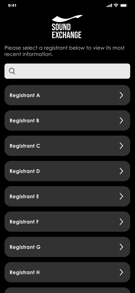 Interfaz de la aplicación SoundExchange que muestra una lista de registrantes de música para seleccionar para la gestión de cuentas.