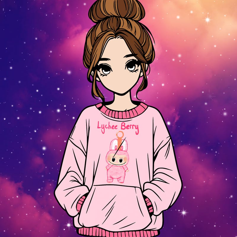 realistic girl with a oversized sweatshirt and a bun