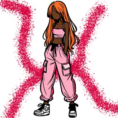 girl in baggy pants crop top and long hair