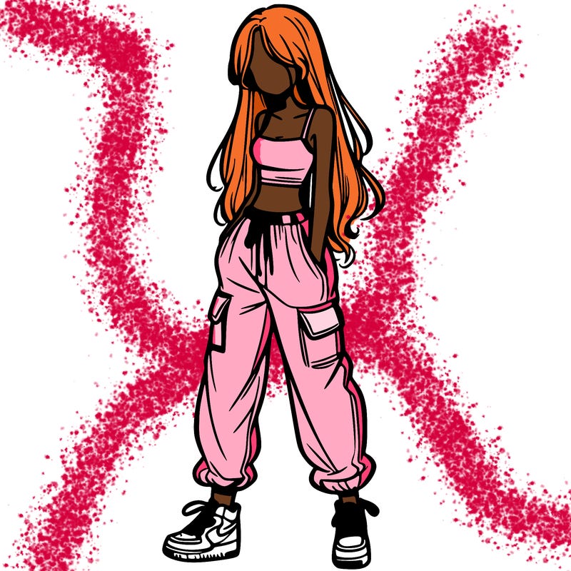 girl in baggy pants crop top and long hair