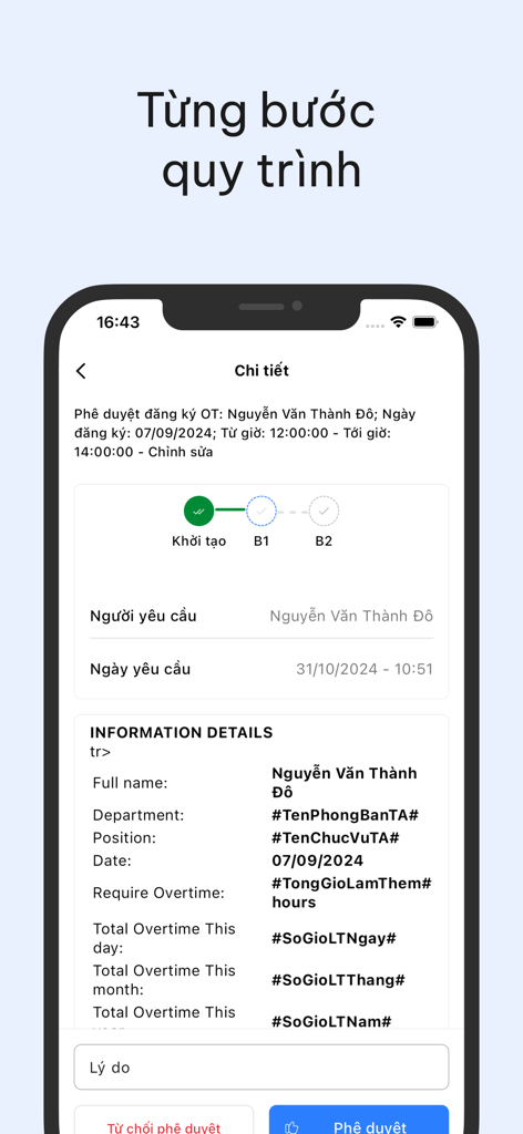 Humax - Interface mobile de l'application Humax HR montrant un processus d'approbation de demande d'heures supplémentaires avec un suivi de progression étape par étape et les détails de l'employé