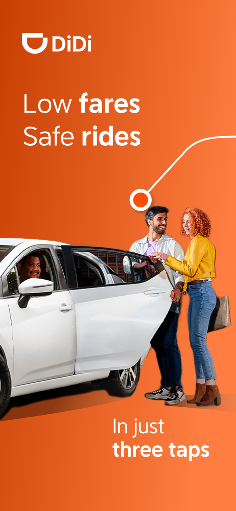 DiDi Rider promotional screen showing a couple getting into a ride-share vehicle with text emphasizing low fares and safe rides in three taps.