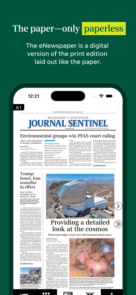 Milwaukee Journal Sentinel - ミルウォーキー・ジャーナル・センティネル アプリがスマートフォン画面で eNewspaper デジタルレプリカを表示しています。