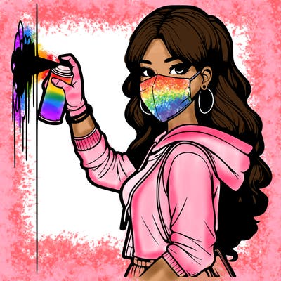 realistic girl with mask spray painting a wall