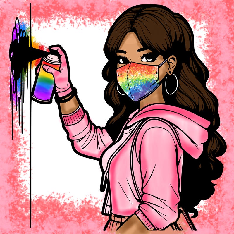 realistic girl with mask spray painting a wall