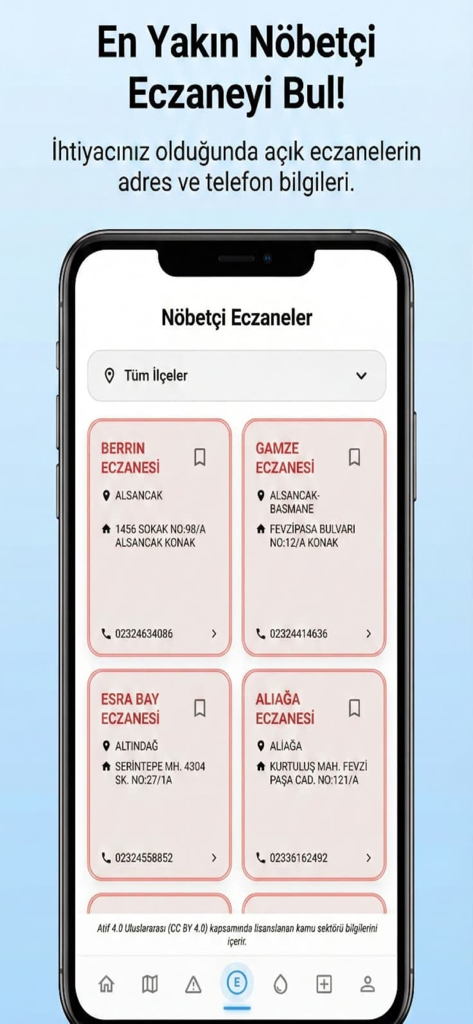 Havanın Elçisi - Hava & Deprem - Pantalla de smartphone que muestra una lista de farmacias de guardia con direcciones y números de teléfono en la aplicación El Mensajero del Clima