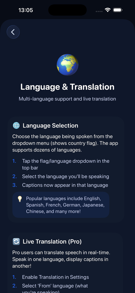 Interfaccia dell'app che mostra la selezione della lingua e le funzionalità di traduzione live per il supporto multilingue.