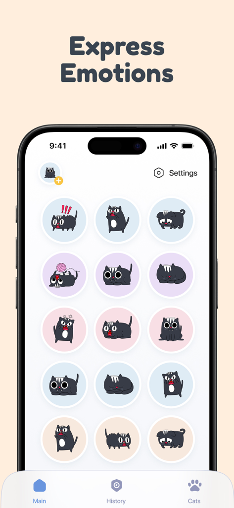 Mobile app screen displaying various cartoon black cat icons representing different emotions
