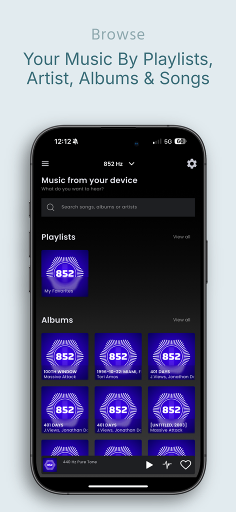 852 Player Plus - Interface do aplicativo 852 Player Plus mostrando a tela de navegação para música local do dispositivo, playlists e álbuns com tema escuro e ícones de frequência Solfeggio roxos.