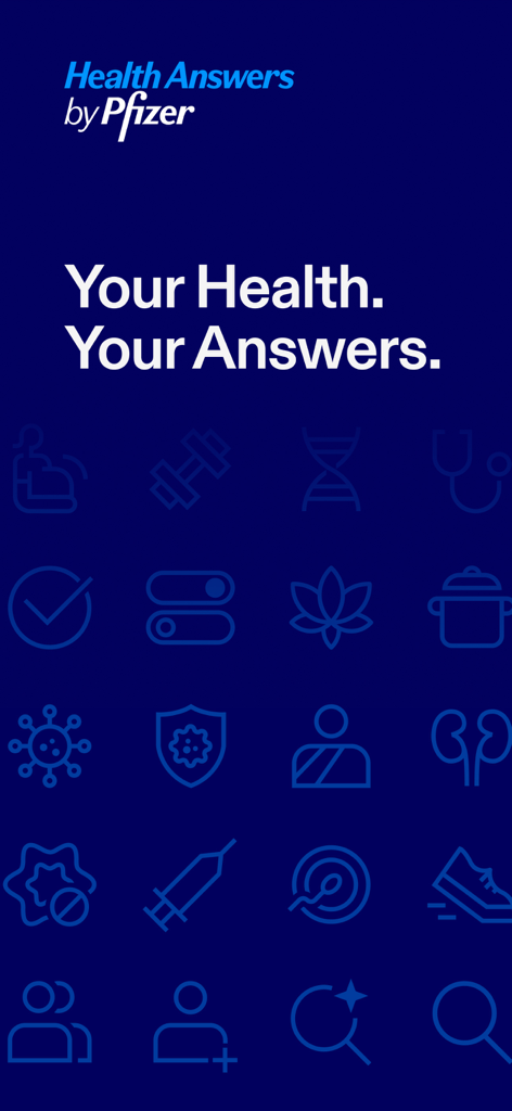 Health Answers by Pfizer - Splash screen of Health Answers by Pfizer app featuring the tagline Your Health Your Answers and various health icons on a blue background