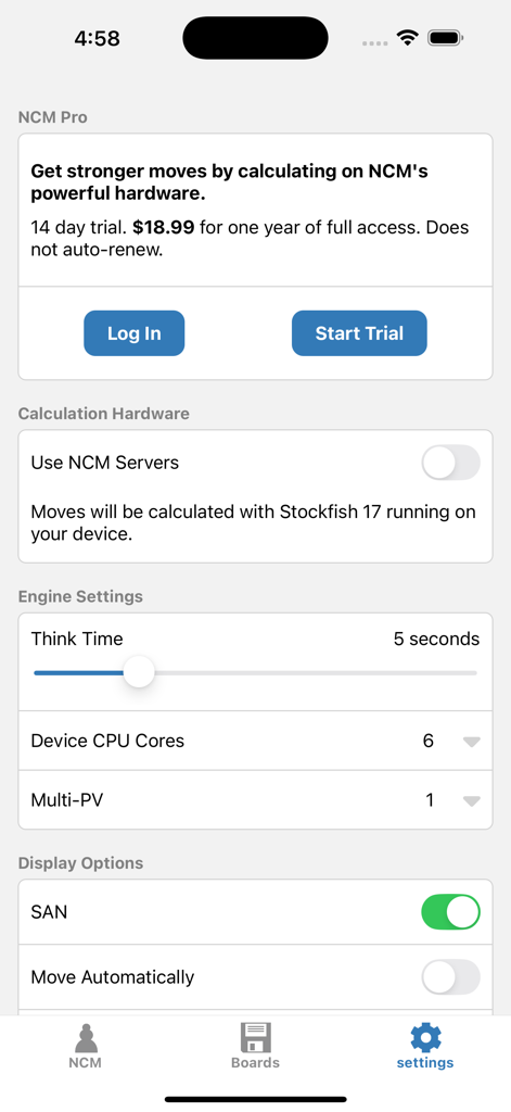 Next Chess Move app settings interface showing chess engine and hardware configuration options