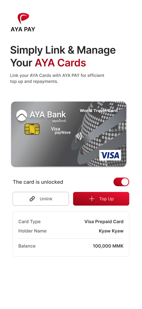 AYA PAY Wallet app screen for linking and managing AYA Bank Visa prepaid cards.